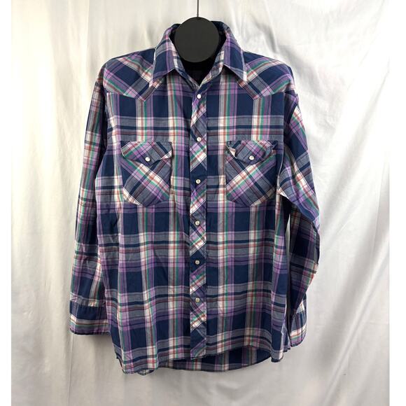 Vintage Wrangler Western Pearl Snap Shirt Mens XL Plaid Blue Purple Cowboy 90s - Picture 1 of 12